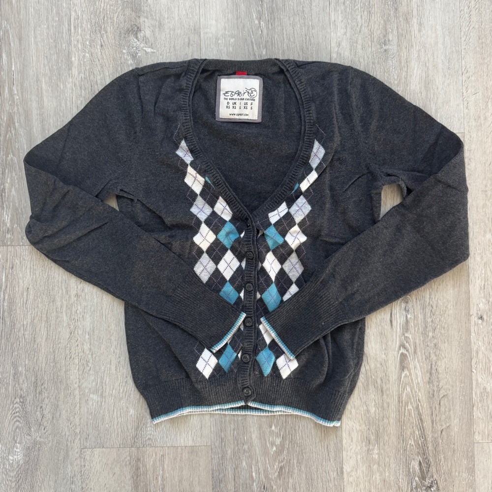 Esprit Cropped Argyle Cardigan | Y2K Vintage Preppy